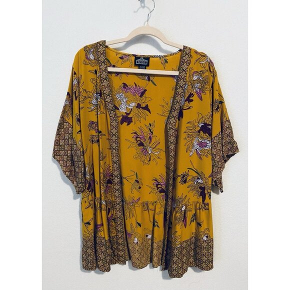 Angie Top Womens Large Mustard Yellow Floral Open Front Kimono Boho Peasant - Picture 1 of 7